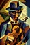 Afro-American male jazz musician violinist playing a violin or viola in an abstract cubist style painting