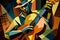 Afro-American male musician guitarist playing a guitar in an abstract cubist style painting