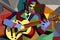 Afro-American male musician guitarist playing a guitar in an abstract cubist style painting