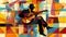 Afro-American male musician guitarist playing a guitar in an abstract cubist style painting