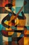 Afro-American male musician guitarist playing a guitar in an abstract cubist style painting