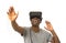 Afro american man wearing virtual reality vr 360 vision goggles enjoying video game