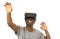 Afro american man wearing virtual reality vr 360 vision goggles enjoying video game