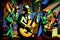 Afro-American New Orleans acoustic male jazz band musicians playing in an abstract cubist style painting