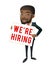 Afro american personnel recruiter businessman hiring paper broadsheet poster in hands worker vacancy cartoon character