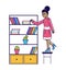 Afro american woman put book in bookcase, female character standing small chair, bookshelf line vector illustration