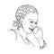 Afro-American young woman with cornrow braids speaking on the phone and smiling. Black and white linear sketch isolated