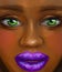 Afro girl with green eyes and purple lips in oil painting style