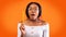 Afro Girl Raising Hand Holding Pencil Having Question, Studio Shot