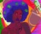 Afro hair style woman sings. Psyhodelic colorful background. Disco and soul music theme. Comics style vector image