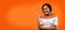 Afro Lady Pointing Finger Smiling Standing Over Orange Background, Panorama