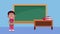 Afro little schoolboy animation character with chalkboard in classroom