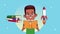 Afro little student boy reading books with rocket animated character