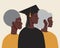 Afro parents proud graduate daughter, flat vector illustration with young african graduate in mantle with diploma certificate at