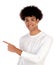 Afro teenager with with afro hair pointing something with his finger