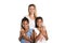 Afro twin child posing on a white background studio with white mother