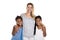 Afro twin child posing on a white background studio with white mother