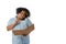 Afro woman doctor looking at the camera talking on phone thinking and making notes, white background