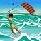 Afro woman drive at kite surfing. Back view. Girl windsurfing on