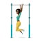 Afro young woman in sports clothes hanging on a horizontal bar