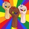 Afroamerican, asian and european raised fists with lgbt rainbow colored nails and background. Symbol for equality of people