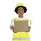 Afroamerican female warehouse worker wearing a helmet and vest with a cardboard box isolated on white