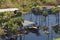 Aftermath of natural disaster. Surrounded by hurricane rainfall flood waters homes in Florida residential area