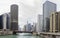 Afternoon cloudy view with skyscraper, Marina City and red bridge of Chicago skyline