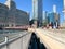 Afternoon commuter march on upper Wacker Drive, with view of ramp