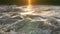 Afternoon sun shines on rapid river waves, drops of water glowing in air, closeup slow motion video