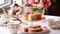 Afternoon tea, English tradition and restaurant service, tea cups, cakes, scones, sanwiches and desserts, holiday table decor and