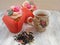 Afternoon tea with roses cupcakes in vintage teacup ans brew on shabby table