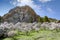 Afyonkarahisar castle on a rock with blossoming cherry trees in spring