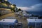 AFYTOS, GREECE - OCTOBER 16, 2020: Empty restaurants with terrace in the street