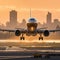 Against the backdrop of a resplendent sunset, an airplane gracefully descends, poised for a landing that mirrors the serene beauty