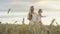 Against the background of the sunset, a mother and daughter in a field of wheat.