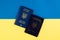 Against the background of the Ukrainian yellow-blue flag, a passport of a citizen of Ukraine and a foreign passport