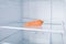 Against the background of a white refrigerator, there is a clean carrot on a glass shelf, close-up