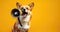 Against a bold yellow backdrop, a dog holds a loudspeaker, a symbol of canine communication.