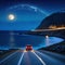 Against the sea at the foot of the mountains at night the road trailing car tail lights under a beautiful starry