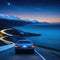 Against the sea at the foot of the mountains at night the road trailing car tail lights under a beautiful starry