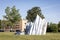 Agassiz Ice steel Iceberg sculpture in Assiniboine Park in Winnipeg, Canada on a sunny day