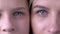 Age comparison, eyes of caucasian mother and daughter next to one another looking together at camera