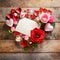 Aged Affection: Weathered Wooden Table Adorned for Valentine's Day with Hearts, Gifts, and Flowers