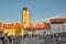 Aged architecture of Sibiu old town with impressive medieval historical buildings.