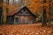 An aged barn stands amidst a dense forest, its weathered wood contrasting with vibrant autumn foliage, A rustic barn house