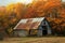 An aged barn stands in a vast field, surrounded by tall trees and under a clear sky, A dilapidated barn in an autumn setting, AI