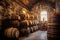 aged barrels stacked in a rustic whiskey distillery