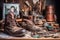 aged boots in a workshop with leatherworking tools