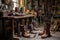 aged boots in a workshop with leatherworking tools